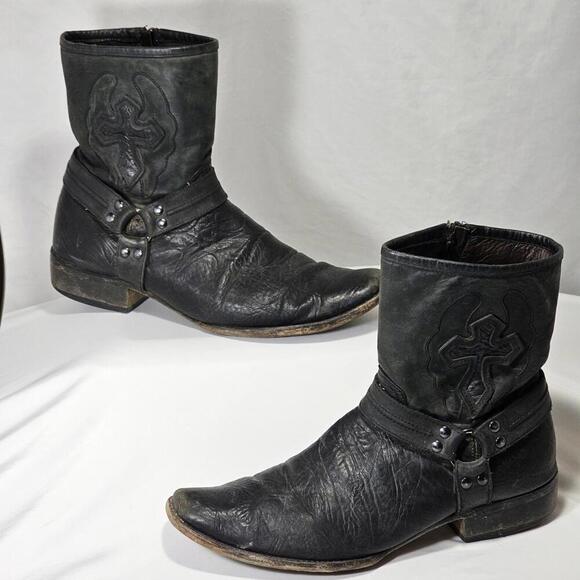 DENVER BOOTS Black Leather Zipper Boots Cross Biker Mens Size US 10.5 Square Toe - Picture 1 of 15